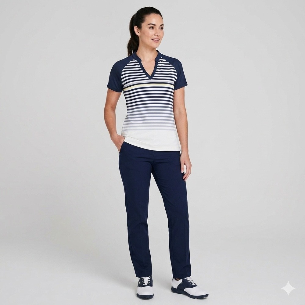Slazenger Golf Womens Medium Navy Blue Striped Ombre‎ V-Neck Short Sleeve Shirt